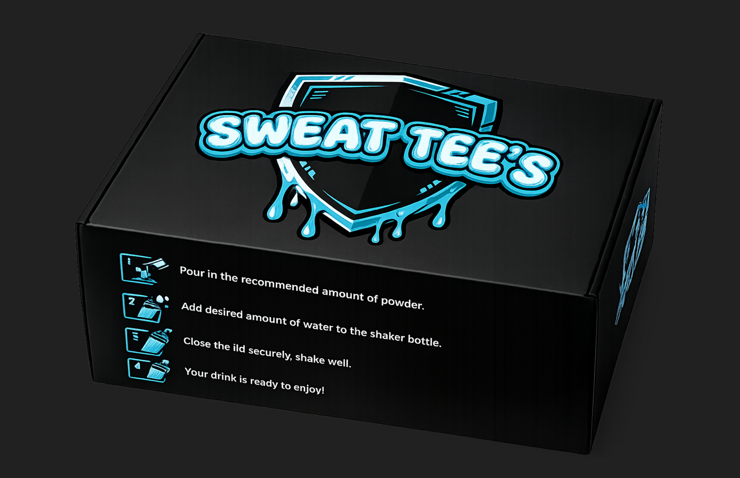 Black product packaging box with blue Sweat Tee's logo