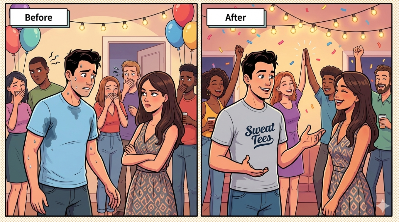 Before and after comparison of a couple at a party with text changes.