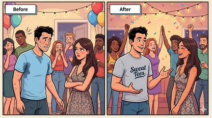 Before and after comparison of a couple at a party with text changes.