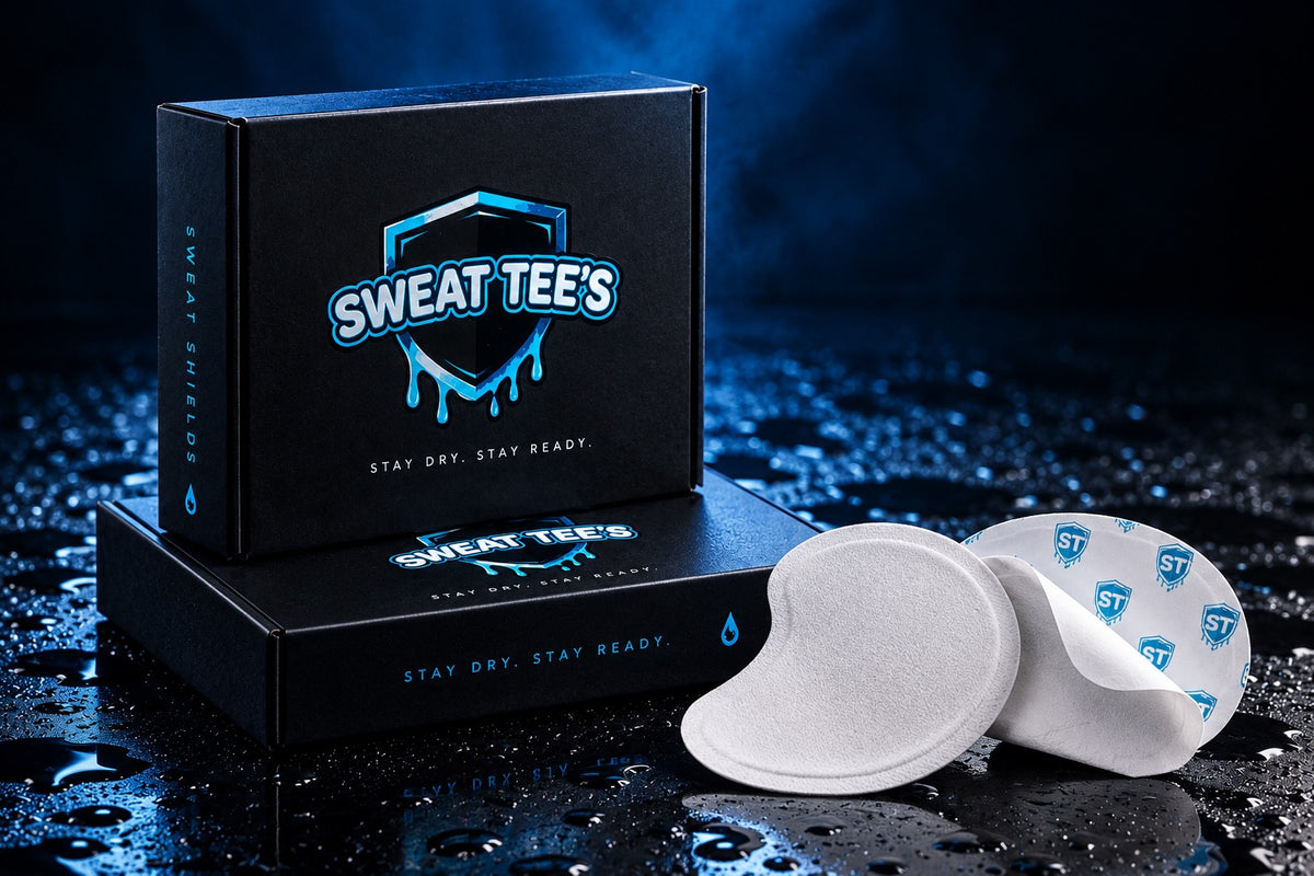 Black-and-blue Sweat Tee’s boxes with white sweat shields and patterned backing.