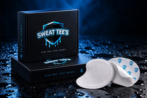 Black-and-blue Sweat Tee’s boxes with white sweat shields and patterned backing.